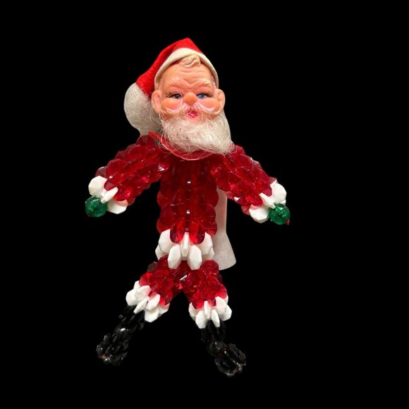 Vintage Handmade 1970s Beaded Plastic Face Santa Claus Christmas Ornament - Picture 1 of 6
